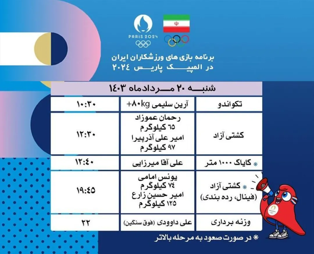 مسابقات ورزشکاران ایران در المپیک ۲۰ مرداد ۱۴۰۳